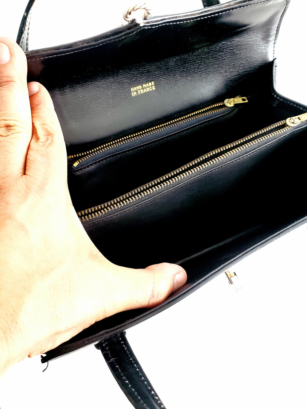 Classic Black Leather Top-Handle Satchel - Vintage - Handmade In France - Picture 5 of 5